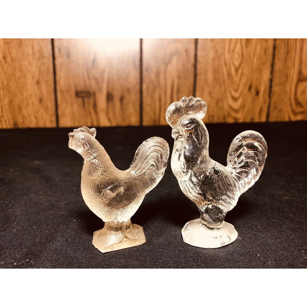 Glass Rooster And Hen Chickens Vintage Clearware With Amazing Fine Details